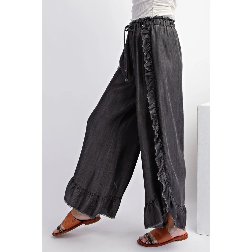 Easel Wide Leg Ruffle Pants Women 2X Charcoal Gray Tencel Boho Lagenlook Coastal - Picture 2 of 7